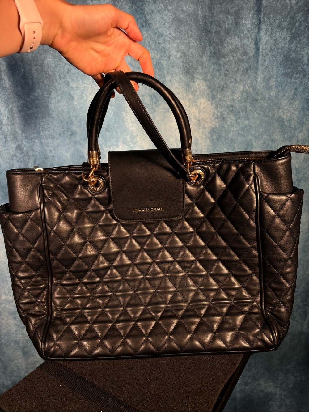 Isaac Mizrahi Black Quilted Leather Tote with Gold Hardware